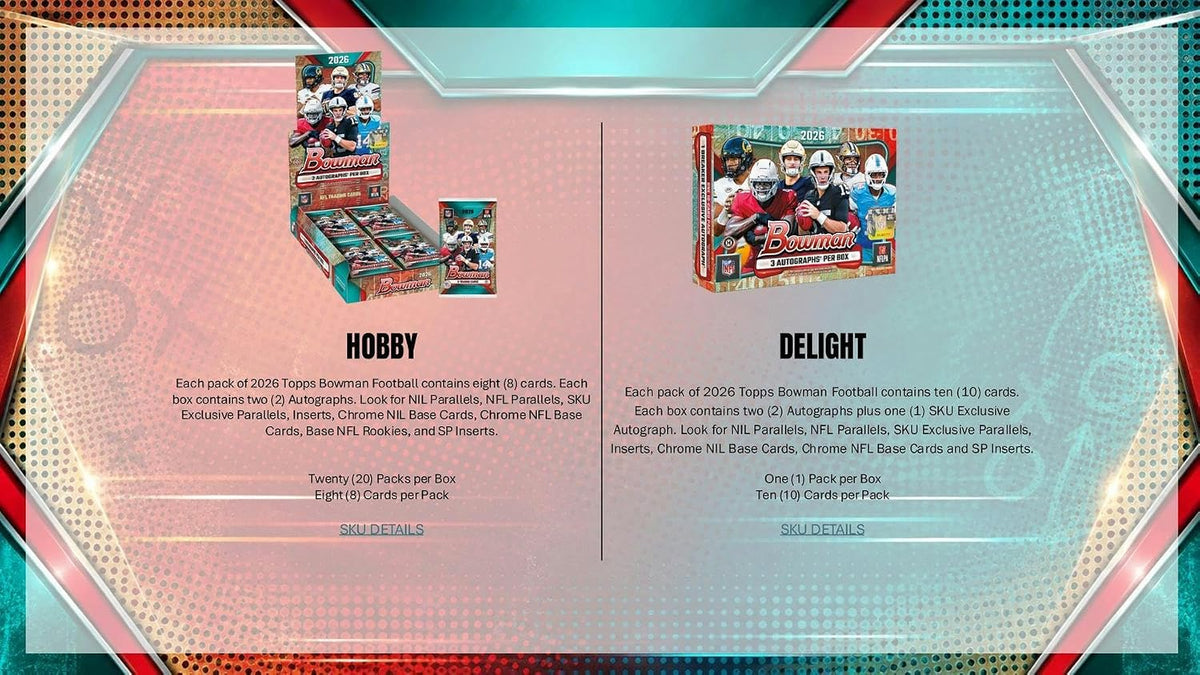 A digital graphic displaying two different packs of Topps Bowman Football trading cards: 'HOBBY' and 'DELIGHT'. The background is a stylized geometric pattern in teal, pink, and orange, with product details printed in black text next to product images of the card packs.