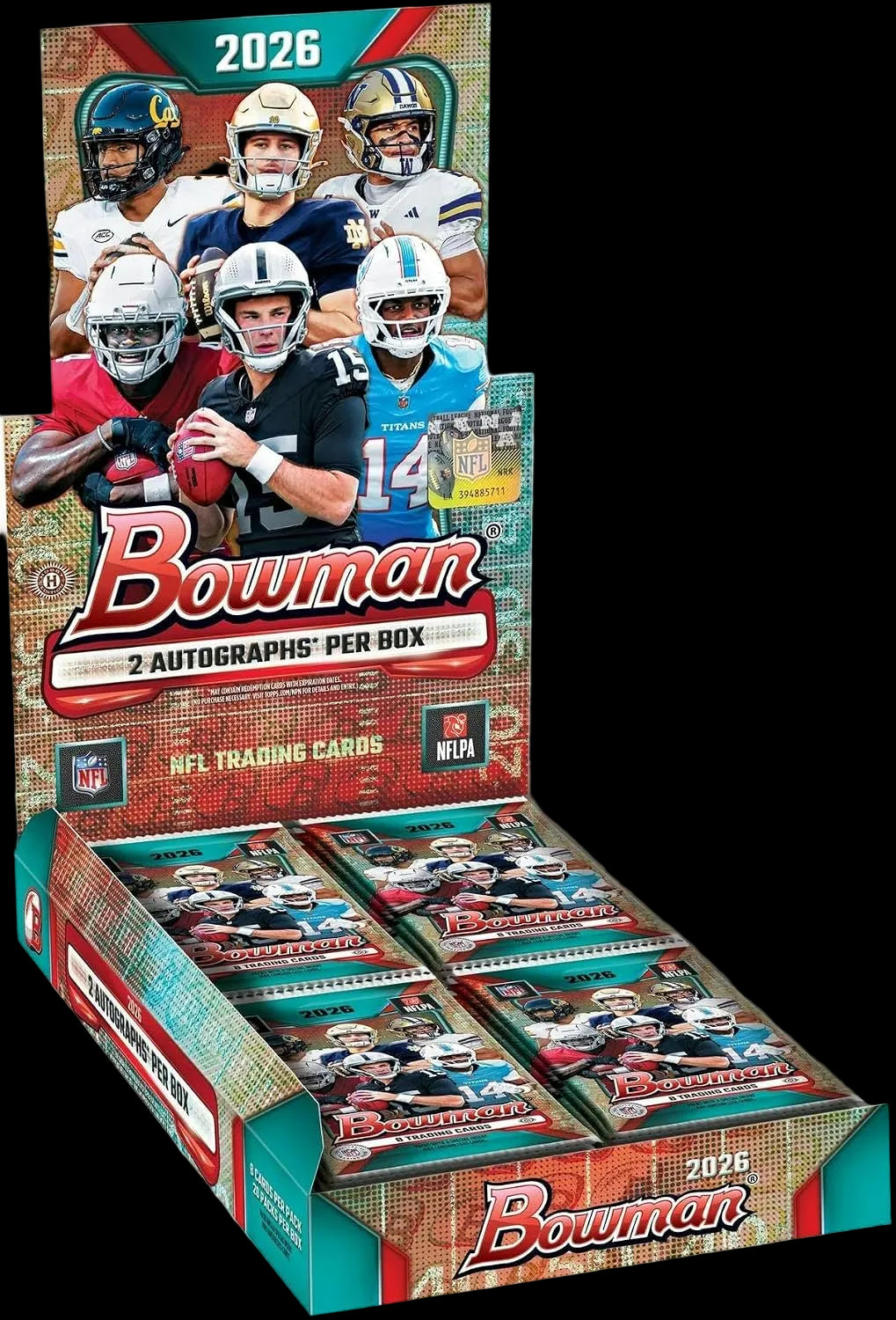 A Bowman 2026 NFL trading card display box filled with sealed booster packs, shown on a plain white background. The packaging features football player photos, the Bowman logo, and NFL and NFLPA logos.