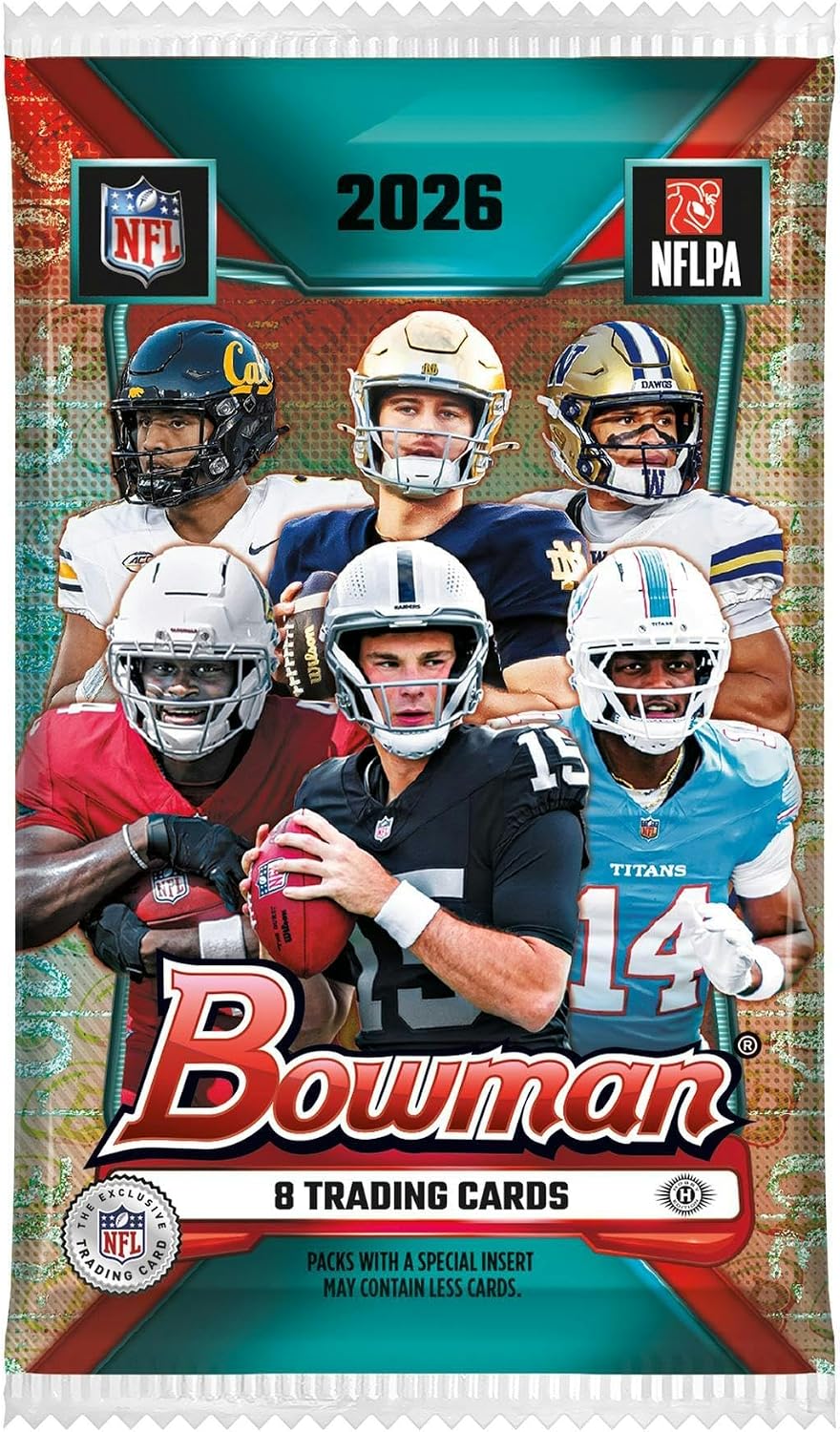 A Bowman 2026 NFL trading card pack. The packaging features football player photos, the Bowman logo, and NFL and NFLPA logos.