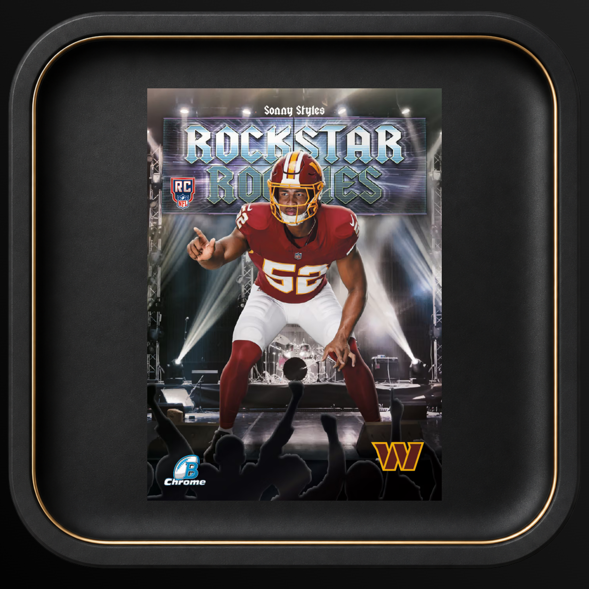 A sample card from the 2026 Bowman Football series showing a 2026 Bowman Football Rockstar Rookie Sonny Styles Rookie Card #RR-18.